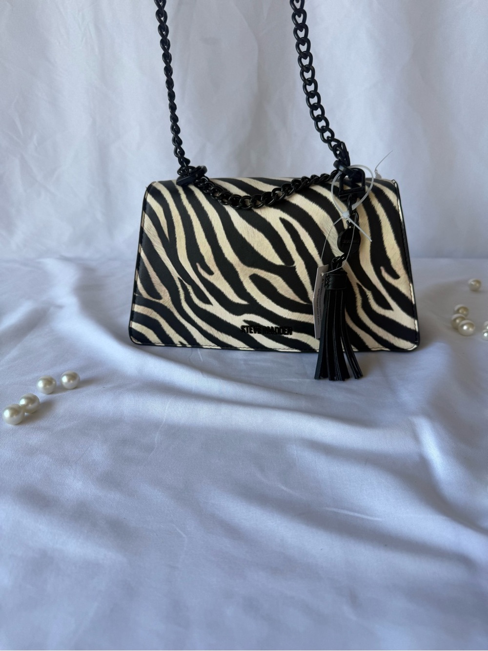 Zebra Print Crossbody Bag with Tassel Accent